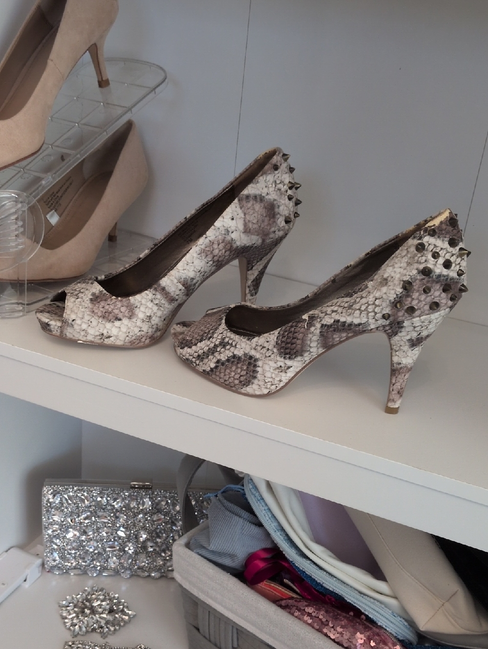 Fergalicious Snakeskin Peep-Toe Pumps with Stud Accents in Beige and Gray